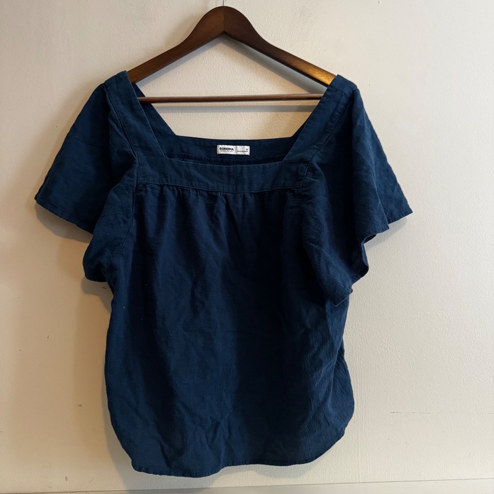 Sonoma Women's M Navy Blue Square Neck Flutter Sleeve Fall Basics 100% Cotton